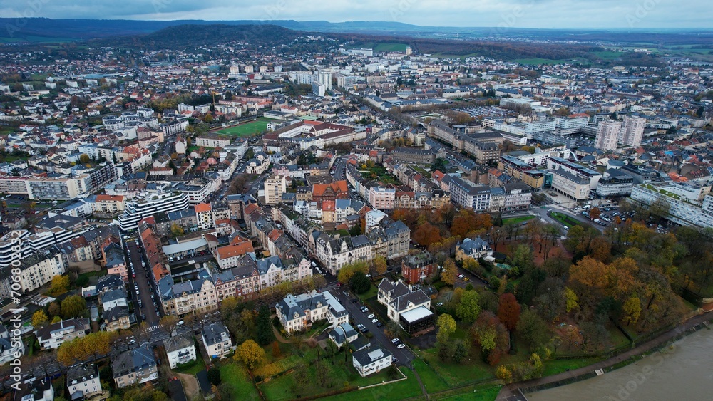 Aerial view around the old town of the city Arlon in Belgium on a cloudy day in autumn.