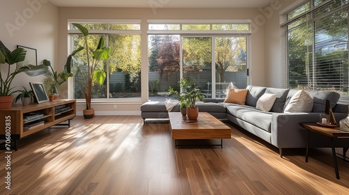 Empty living room with hardwood floor with minimalist furniture in modern apartment