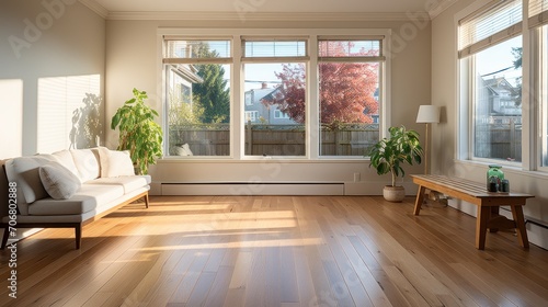 Empty living room with hardwood floor with minimalist furniture in modern apartment