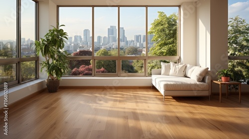 Empty living room with hardwood floor with minimalist furniture in modern apartment