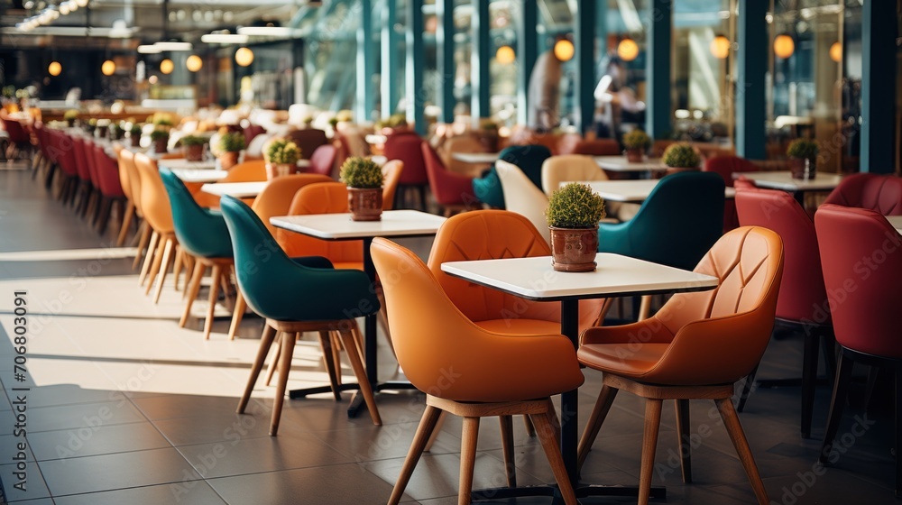 Naklejka premium an empty cafe with lots of tables and chairs