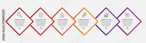 business infographic design with 6 parts or steps, containing icons, text, numbers. Can be used for presentation banners, workflow layouts, process diagrams, flowcharts, info graphics