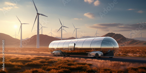  Wind turbines, solar panels and hydrogen gas tanks. photo