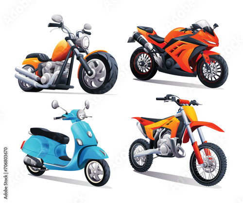 Motorcycle set vector cartoon illustration. Motorbike collection isolated on white background