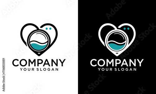 Love Laundry logo design, dry cleaning logo template. Simple laundry illustration logo with t-shirt and hanger symbol. Laundry vector logo on white and blue background.
