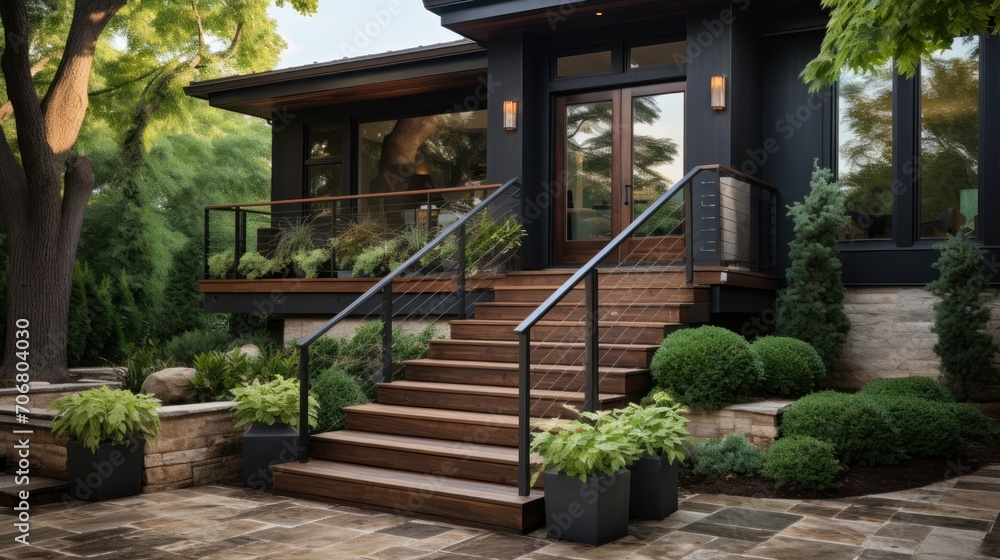 Modern house door featuring interior stairs, terrace and garden Modern house door featuring interior stairs, terrace and garden