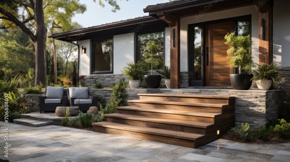 Modern house door featuring interior stairs, terrace and garden Modern house door featuring interior stairs, terrace and garden