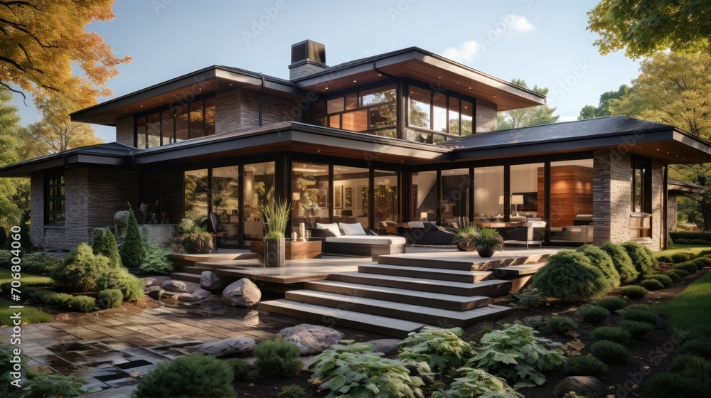 Front of modern house with wooden yard. The roof is supported by strong beams with brick and stone pillars. Front of modern house with wooden yard. The roof is supported by strong beams with brick and stone pillars.