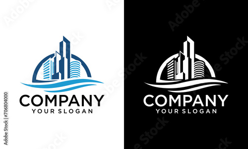 Simple and minimalist line waterfront city logo with icon, color palette,