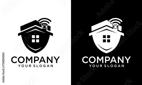 Home Protect logo design template. Vector shield and house logotype illustration. Graphic home security icon label. Modern building alarm symbol. Security sign badge isolated on white background