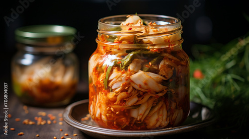 homemade kimchi in a transparent jar close up selective focus on wooden table