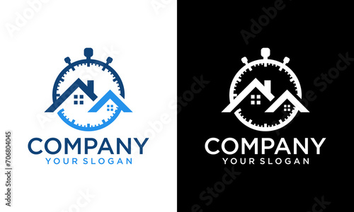 Creative logo design home time, clock, timer symbol vector. Building and stopwatch with arrow icon, smart house symbol,