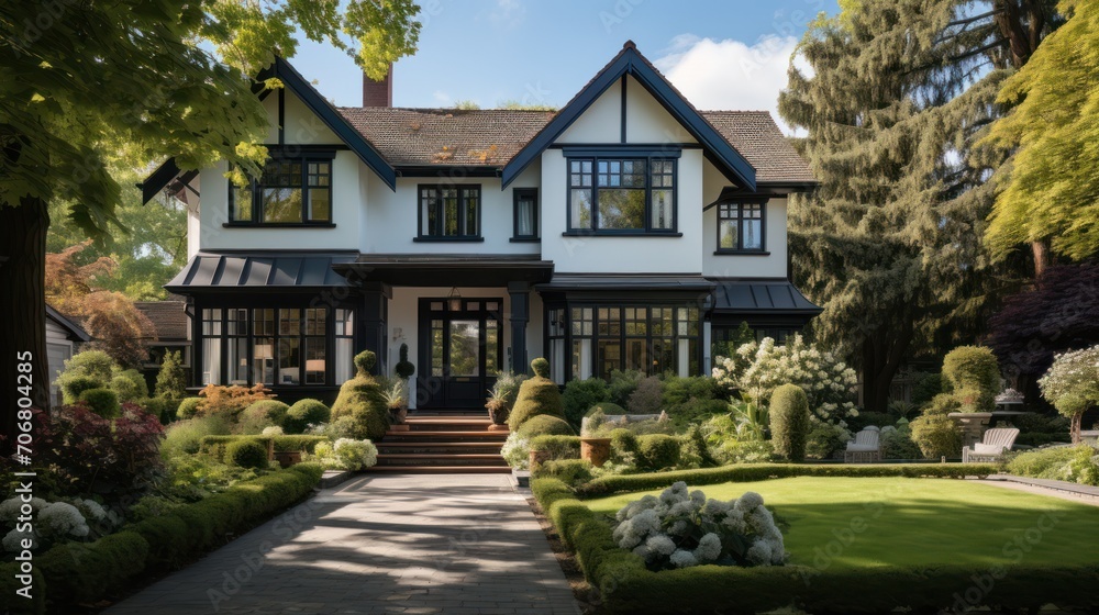 Front of an English style house with a beautiful green garden Front of an English style house with a beautiful green garden