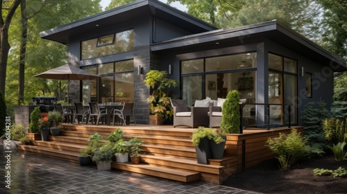Front porch of a gray brick house with a gray house concept © Prasojo