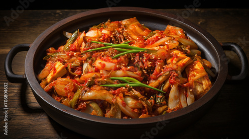 kimchi in dark bowl on wooden table. homemade kimchi