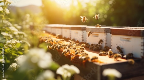 A picturesque farmhouse surrounded by rows of beehives, each humming with activity as diligent honeybees bring back their precious cargo.