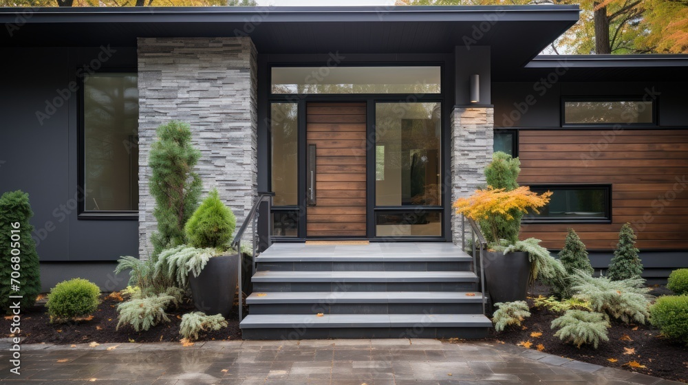 House facade with gray stone brick wall and front door. Lights, front windows, stairs and railings. House facade with gray stone brick wall and front door. Lights, front windows, stairs and railings.
