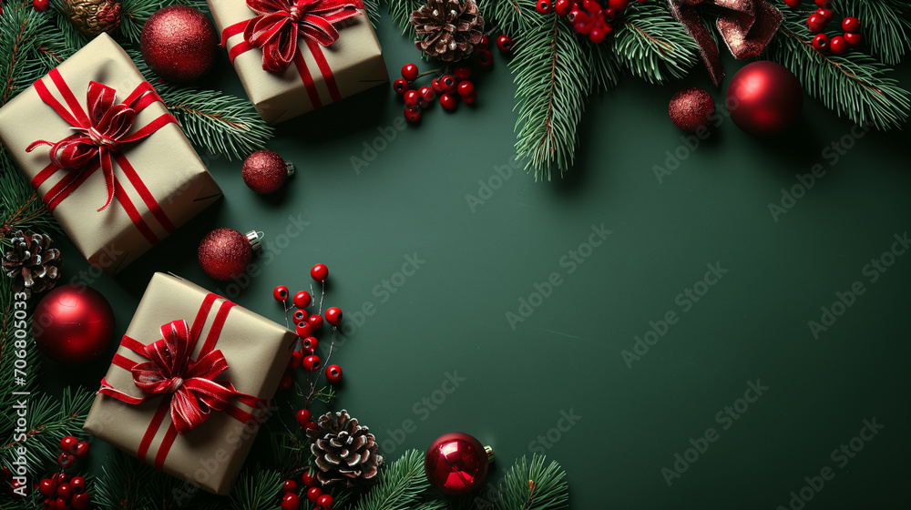 green Christmas background with giftboxes, fir tree branches, red ornaments