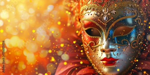 venecian mask in colorful festive background, banner, copyspace, Generative AI © avrezn
