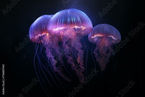 Darkened jellyfish image on plain backdrop. Generative AI © Fiorella