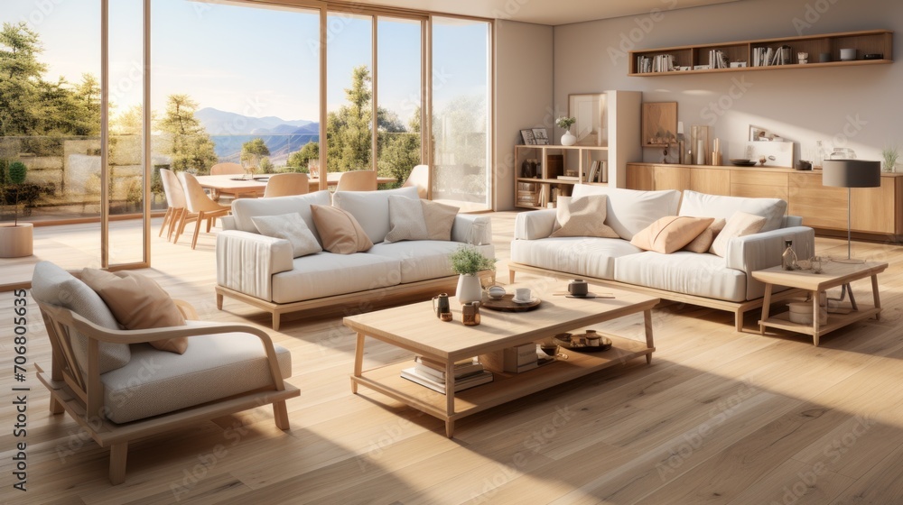 Fototapeta premium Bright Scandinavian style apartment living room design and pastel white, cream colors with trendy furniture