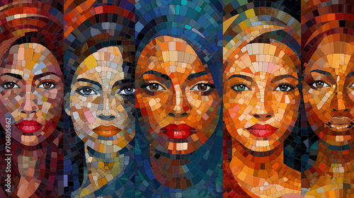 Portrait of diverse group of natural beautiful women made from many small mosaic pieces. Group of beautiful different ethnicity women. Multi ethnic beauty and friendship. photo