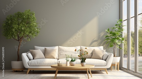 Bright living room interior with comfortable sofa, ornamental plants and bright glass walls
