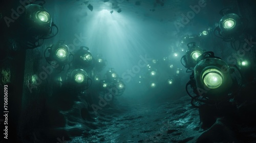 An eerie closeup of underwater headlights shining through the murk, creating an otherworldly atmosphere.