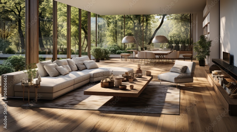 Fototapeta premium modern living room look with wooden floor facing the garden