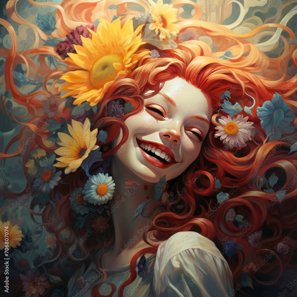 This image exudes joy through the depiction of a woman laughing, her red hair flowing amongst vibrant flowers that seem to burst forth with life This image exudes joy through the depiction of a woman laughing, her red hair flowing amongst vibrant flowers that seem to burst forth with life