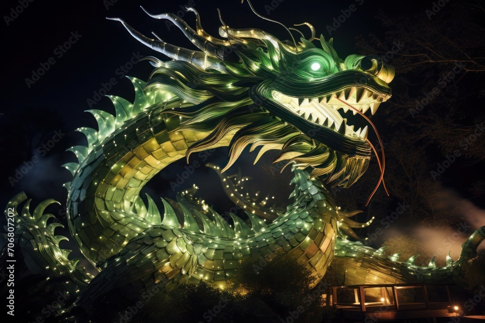 A majestic emerald dragon looms over an ancient temple, its scales glinting with luminescent lights amidst the dark night.