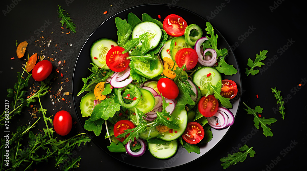 Vigorous Tomato and cucumber salad with black pepper and basil