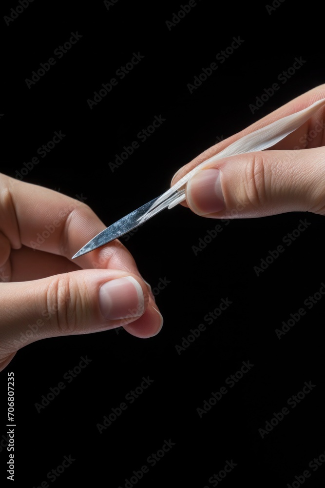 Two delicate hands hold a feather, its fine structure and texture contrasting against a dark background Two delicate hands hold a feather, its fine structure and texture contrasting against a dark background
