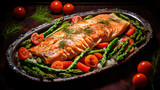 Delicious Grilled fish close up decorated with vegetables