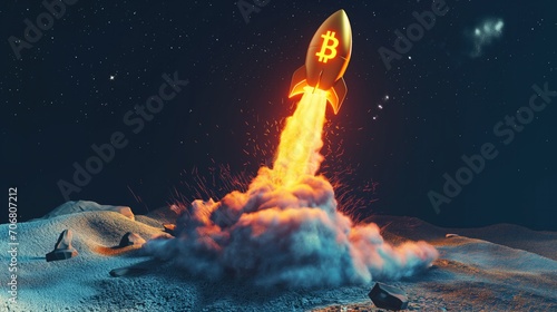3D illustration of Bitcoin (BTC) rocket lift off and heading to moon. Concept of boom bullish crypto currency market in uptrend stage. photo