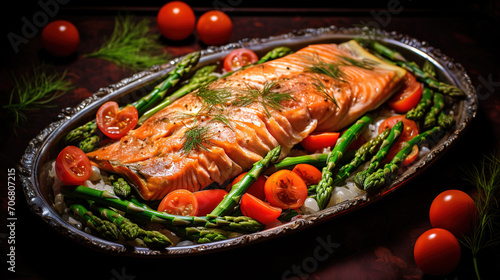 Delicious Grilled fish close up decorated with vegetables