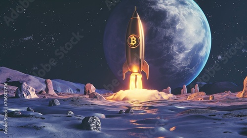 3D illustration of Bitcoin (BTC) rocket lift off and heading to moon. Concept of boom bullish crypto currency market in uptrend stage.