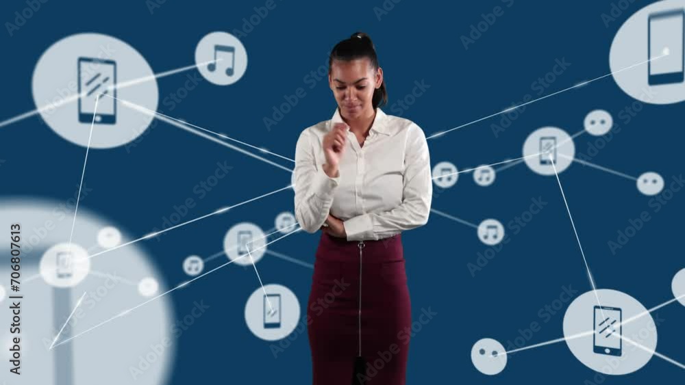 Animation of biracial businesswoman and network of connections with icons over blue background Animation of biracial businesswoman and network of connections with icons over blue background