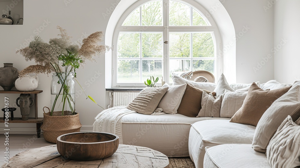 Rustic accent round coffee table near fabric sofa with many pillows against arched window. Scandinavian farmhouse style home interior design of modern living room Rustic accent round coffee table near fabric sofa with many pillows against arched window. Scandinavian farmhouse style home interior design of modern living room