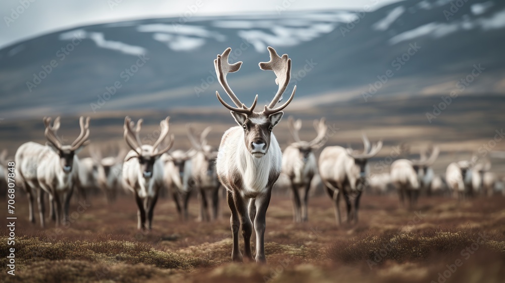 reindeer looking for food in iceland - obrazy, fototapety, plakaty 