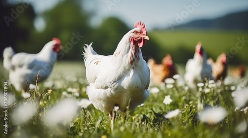 In a lush green field, freerange chickens roam alongside grazing cows, embodying the use of mixed livestock in sustainable farming to enhance soil health and biodiversity. photo