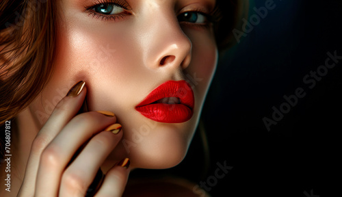 close up portrait beautiful woman with makeup  red lips