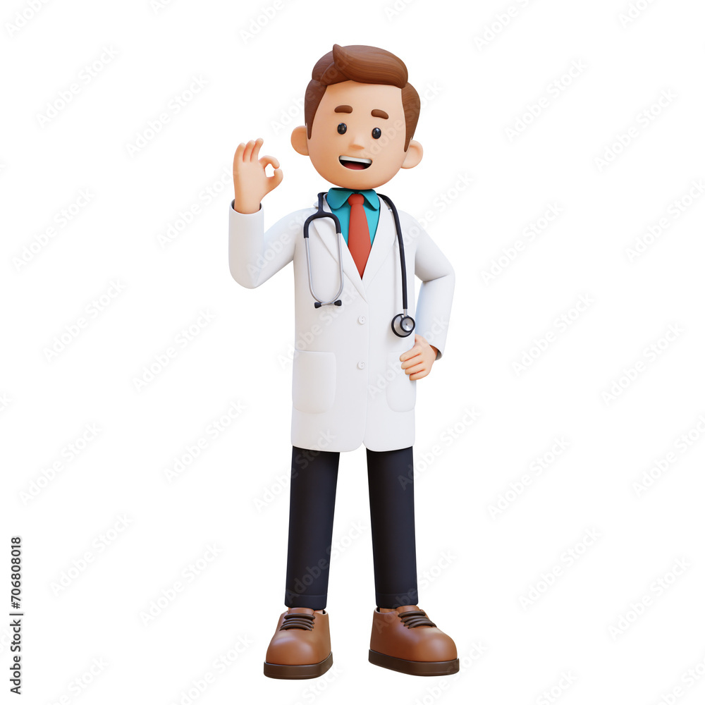 3D Doctor Character with OK Sign Hand Pose. Suitable for Medical content