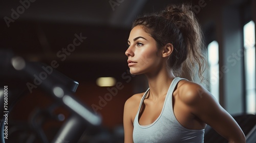 portrait of young woman resting in gym after workout