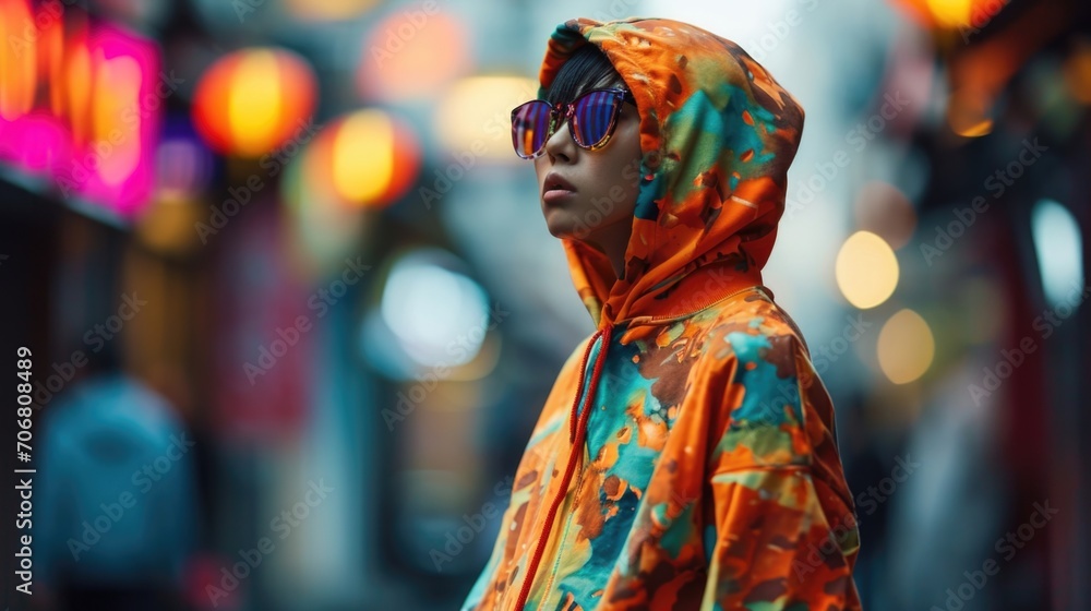 Fototapeta premium Unleash your creativity and personal style with this genderfluid look, featuring a bright and playful hoodie in a genderneutral fit, paired with relaxed uni joggers. Add a touch of edge with