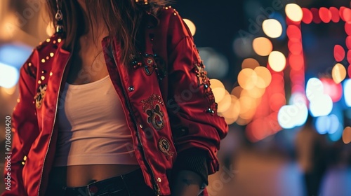 A red bomber jacket with embroidered details, worn over a white tank top and black ripped skinny jeans for a cool and effortless streetwear outfit. photo