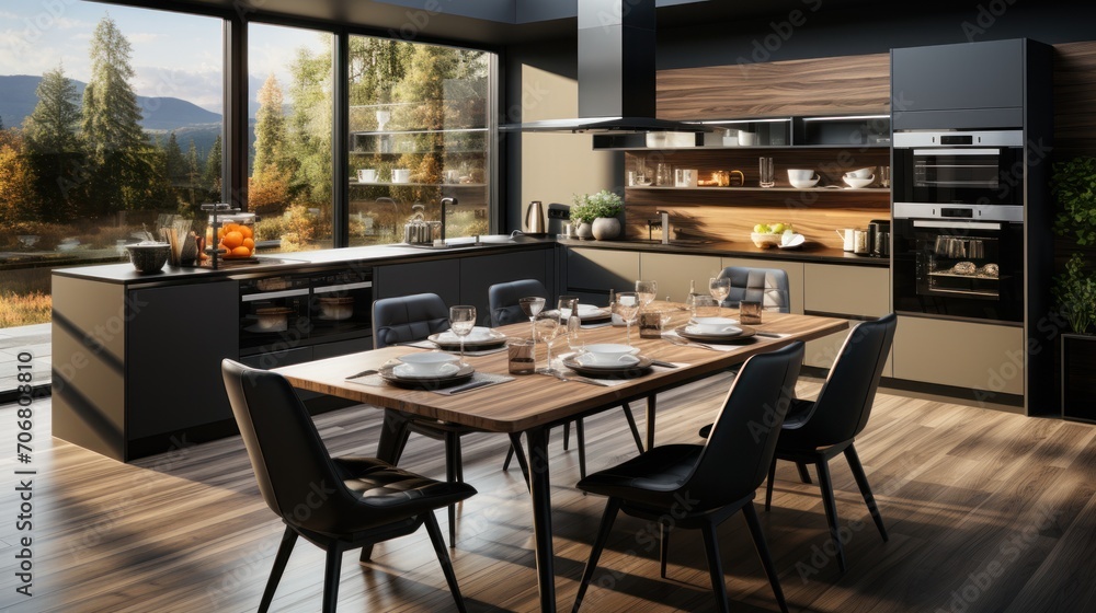 The kitchen is modern and elegant, with black wooden cupboards and large windows The kitchen is modern and elegant, with black wooden cupboards and large windows