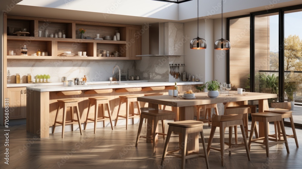 Modern and minimalist kitchen with furniture, wooden elements, and marble floors and walls, beige in color Modern and minimalist kitchen with furniture, wooden elements, and marble floors and walls, beige in color