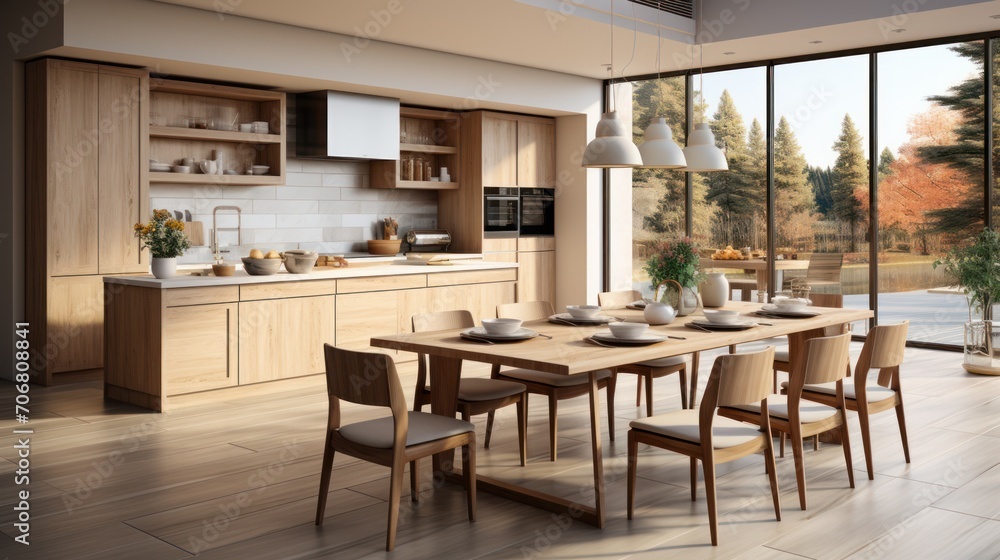 Modern and minimalist kitchen with furniture, wooden elements, and marble floors and walls, beige in color