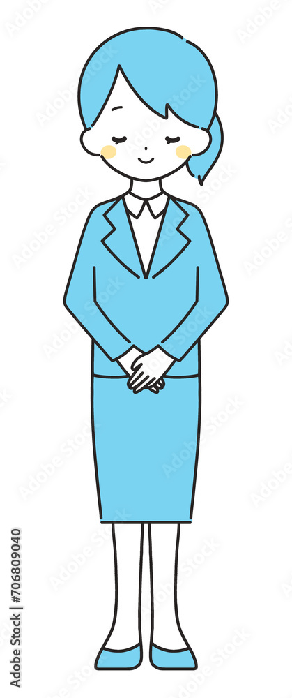 水色｜笑顔でお辞儀をする女性｜スーツ